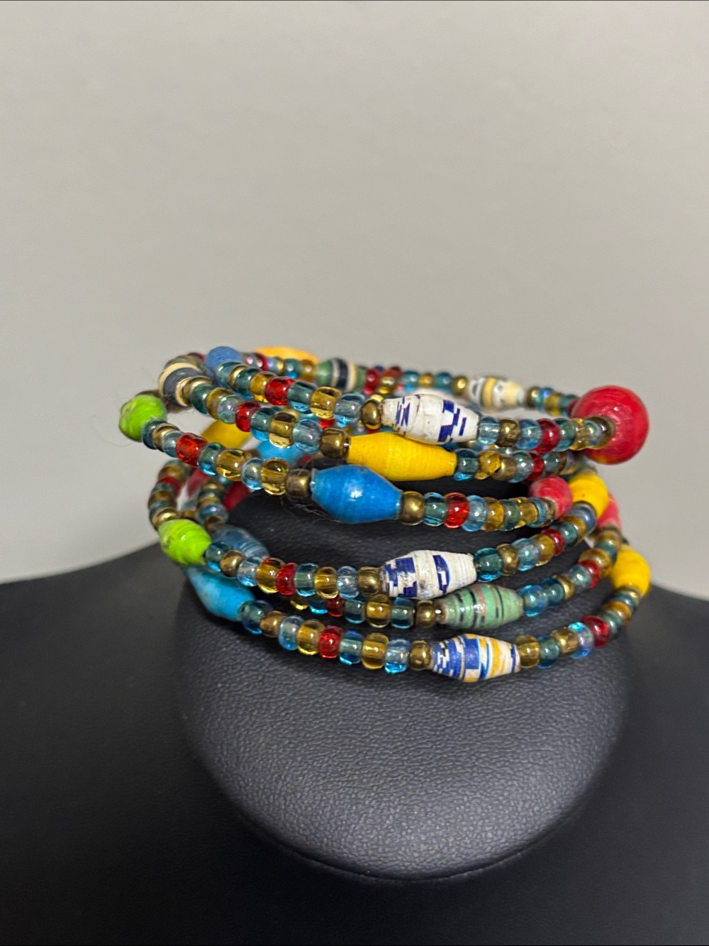 Vintage Colorful Glass & Paper Bead Beaded Coil Bracelet - Multicolor Rainbow